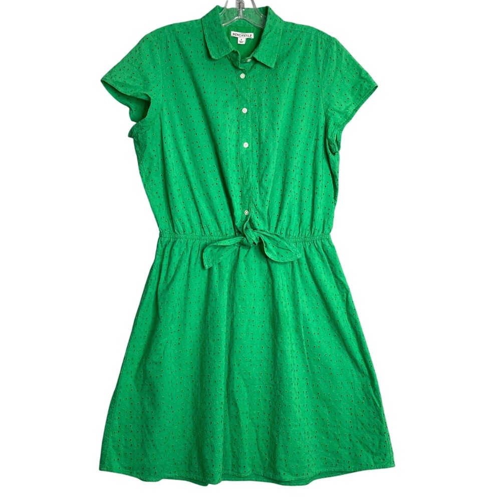 J.Crew Mercantile Shirt Dress Womens Small Green Eyelet Short Sleeve Button Down